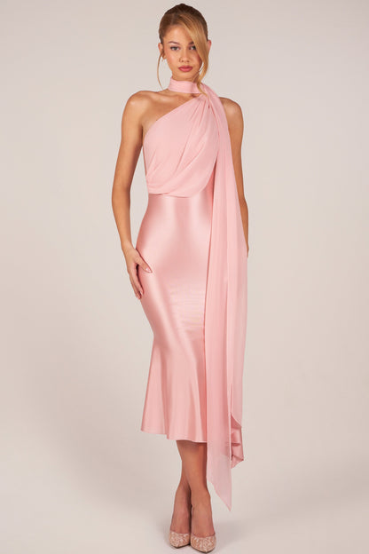 One Shoulder Pleated Chiffon Overall Midi Dress - Pink
