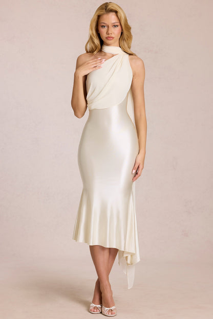 One Shoulder Pleated Chiffon Overall Midi Dress - White