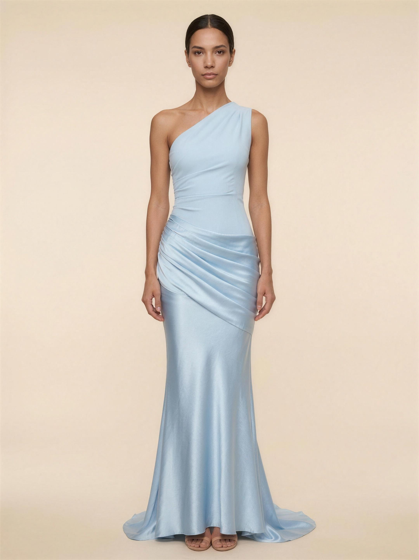 One Shoulder Ruched Satin Formal Maxi Dress - Glacier Blue