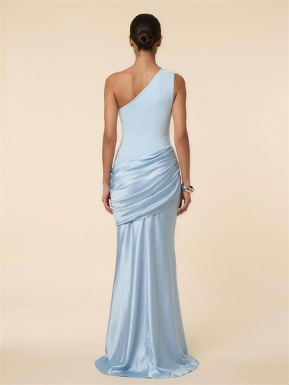 One Shoulder Ruched Satin Formal Maxi Dress - Blue