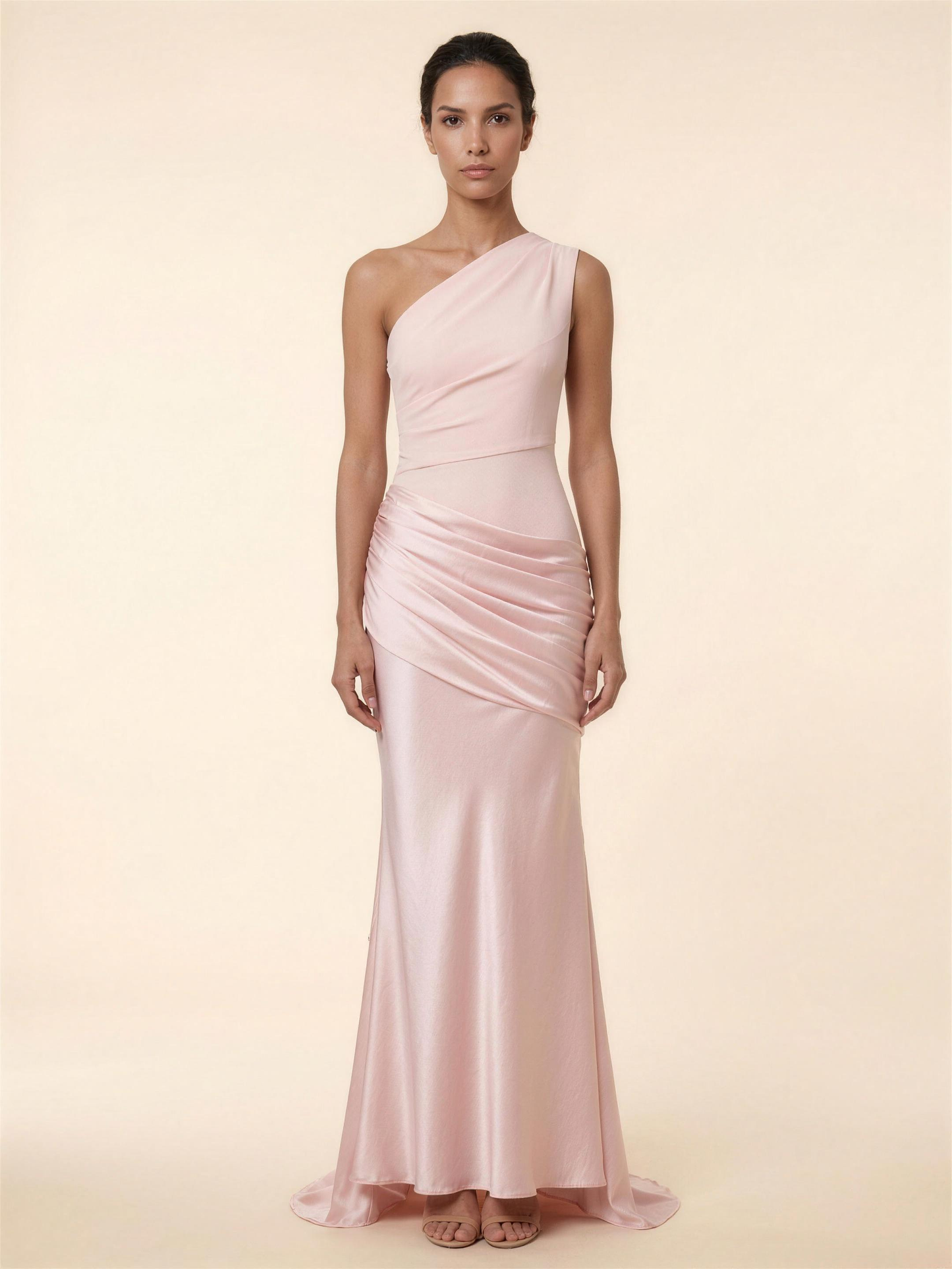 One Shoulder Ruched Satin Formal Maxi Dress - Blush