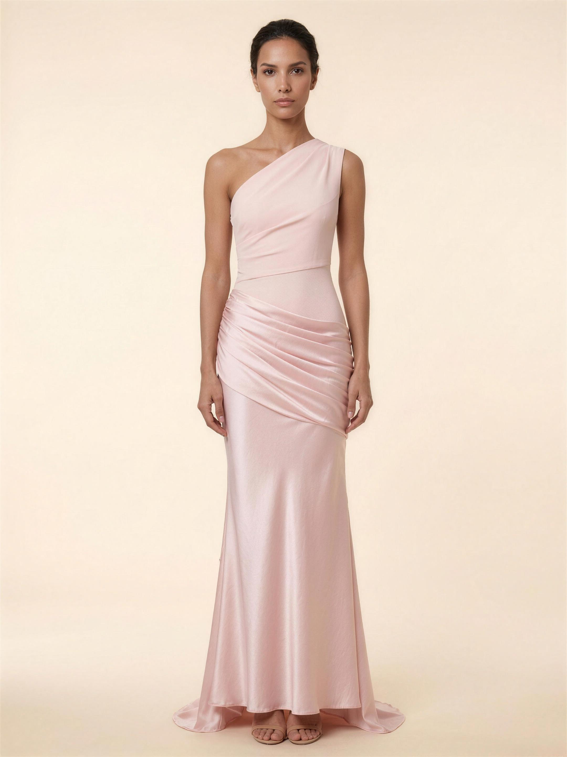 One Shoulder Ruched Satin Formal Maxi Dress - Blush