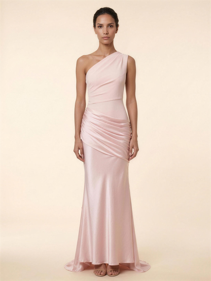 One Shoulder Ruched Satin Formal Maxi Dress - Blush