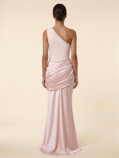 One Shoulder Ruched Satin Formal Maxi Dress - Blush
