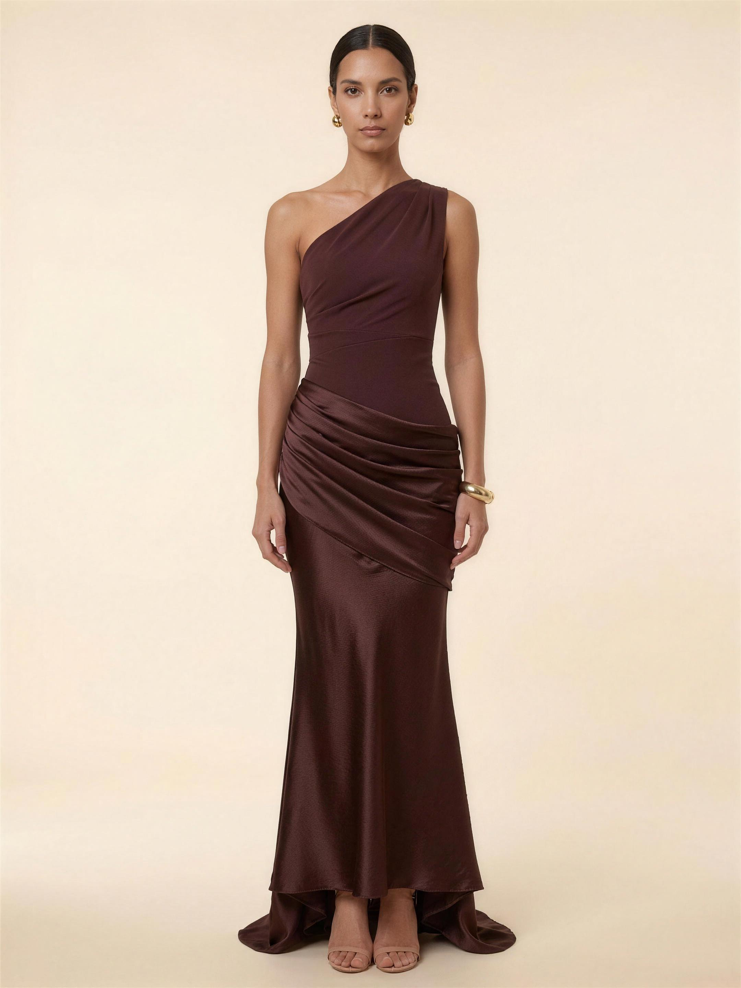 One Shoulder Ruched Satin Formal Maxi Dress - Plum Brown
