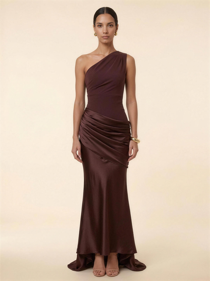 One Shoulder Ruched Satin Formal Maxi Dress - Plum Brown