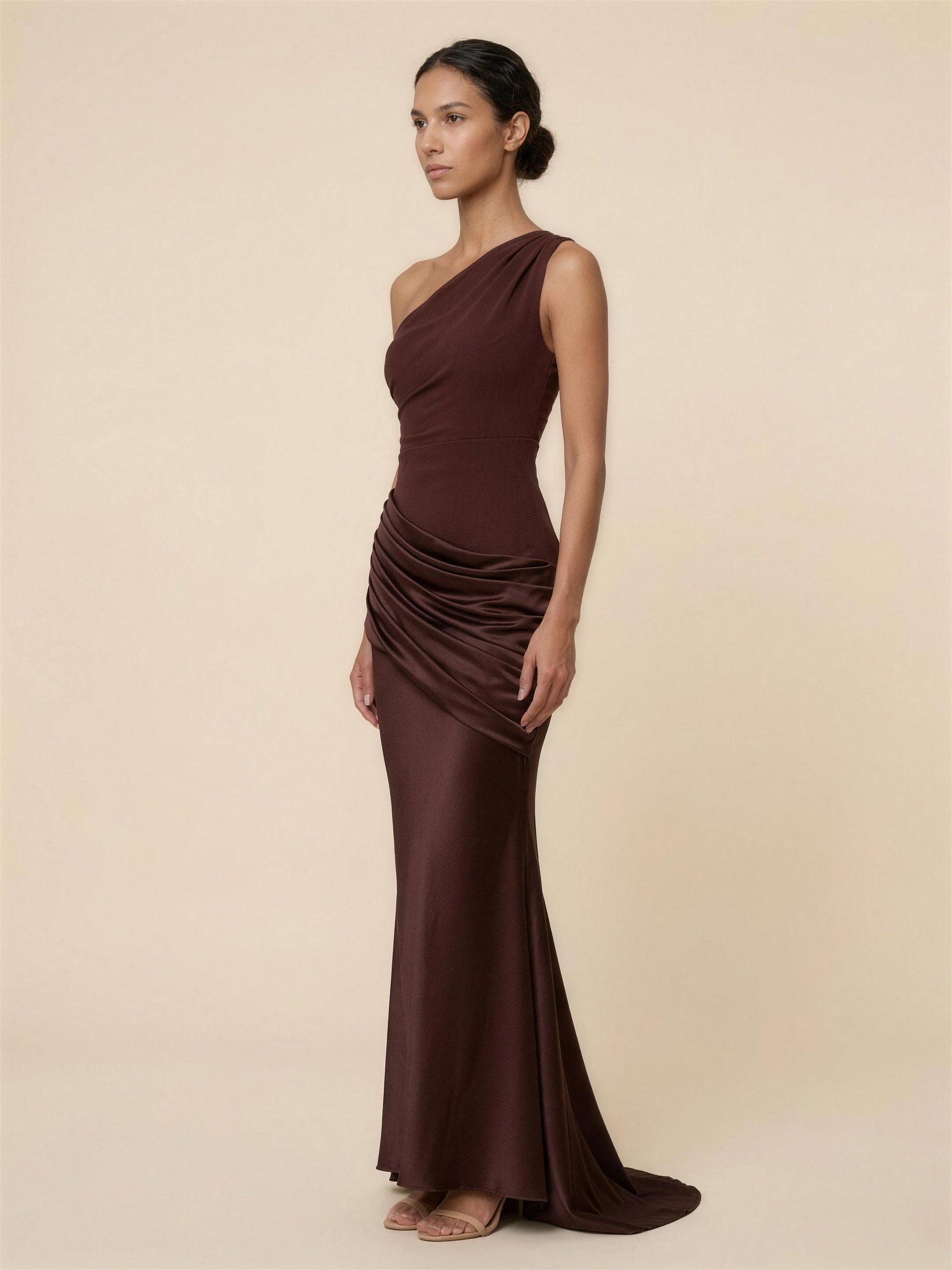One Shoulder Ruched Satin Formal Maxi Dress - Brown