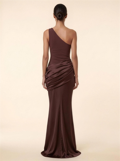 One Shoulder Ruched Satin Formal Maxi Dress - Brown