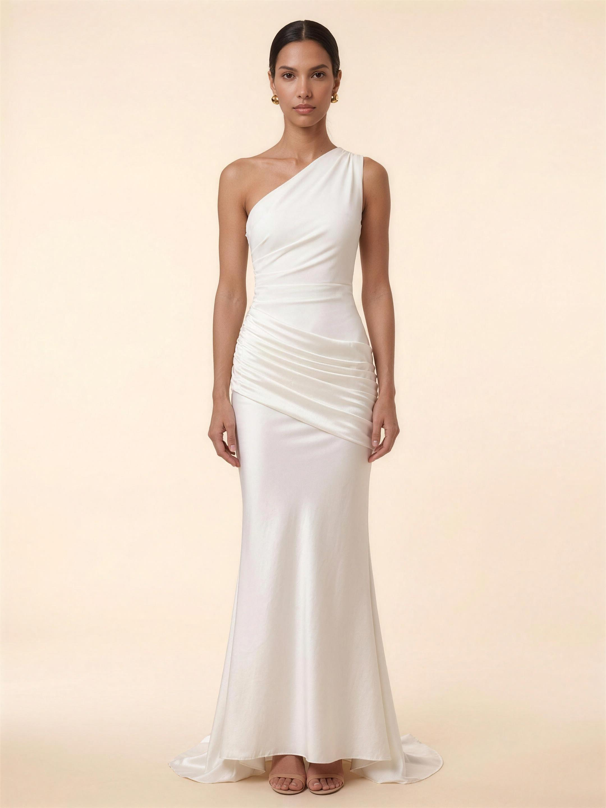 One Shoulder Ruched Satin Formal Maxi Dress - Ivory