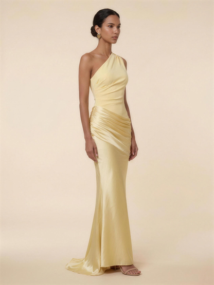 One Shoulder Ruched Satin Formal Maxi Dress - Lemon