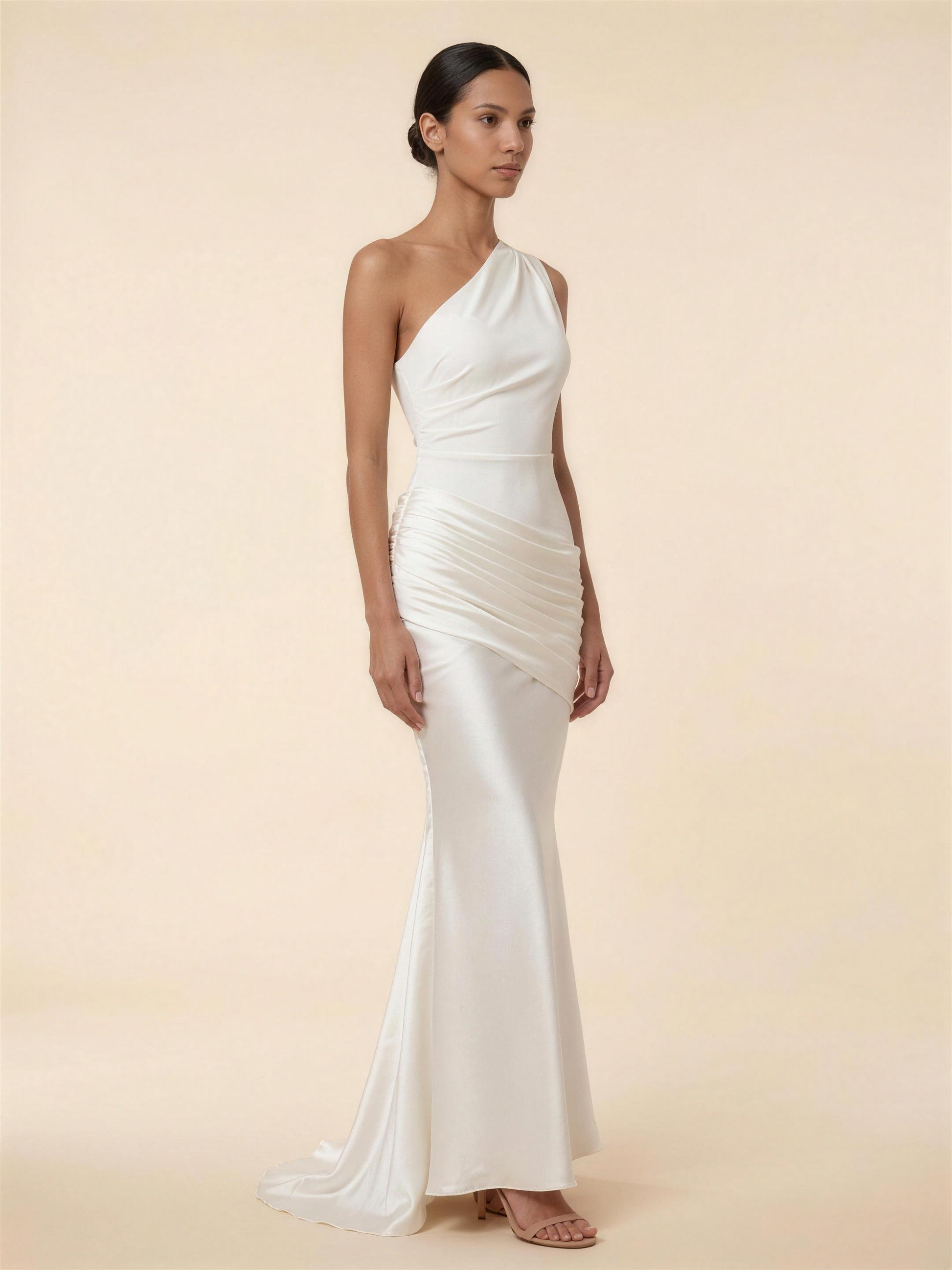One Shoulder Ruched Satin Formal Maxi Dress - Ivory