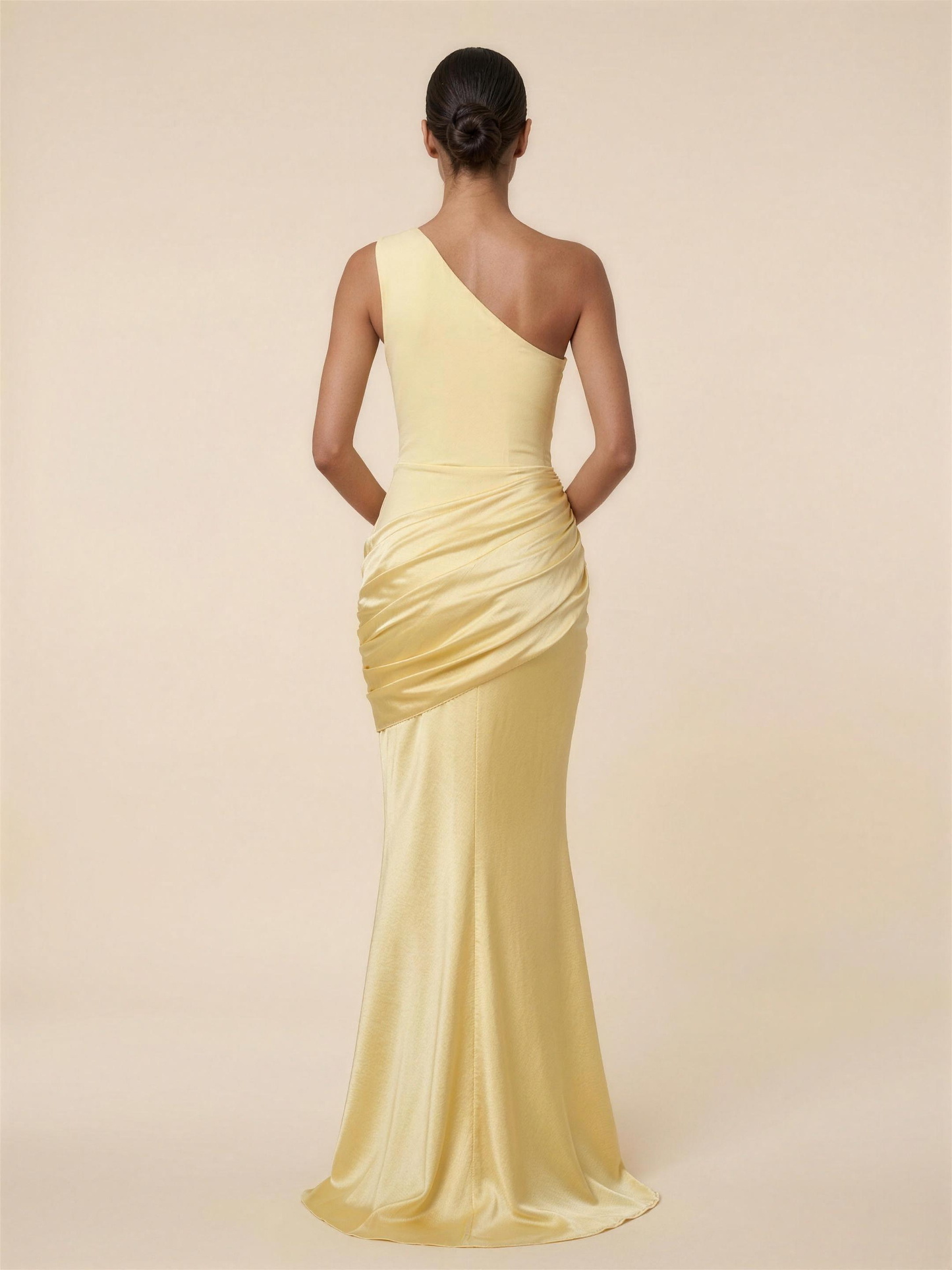 One Shoulder Ruched Satin Formal Maxi Dress - Lemon