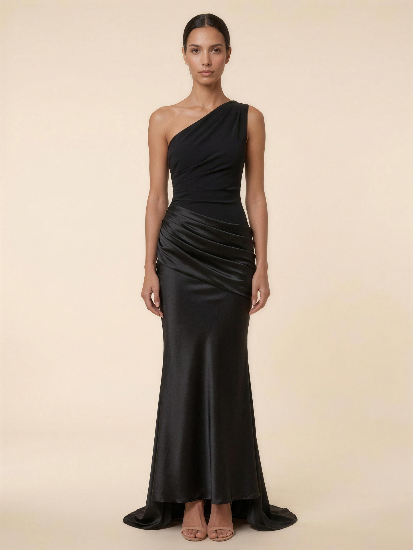 One Shoulder Ruched Satin Formal Maxi Dress - Black
