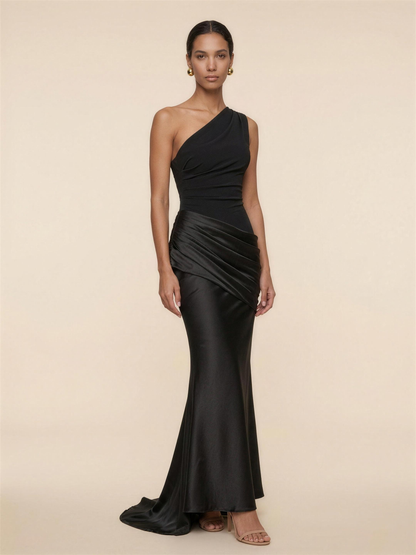 One Shoulder Ruched Satin Formal Maxi Dress - Black