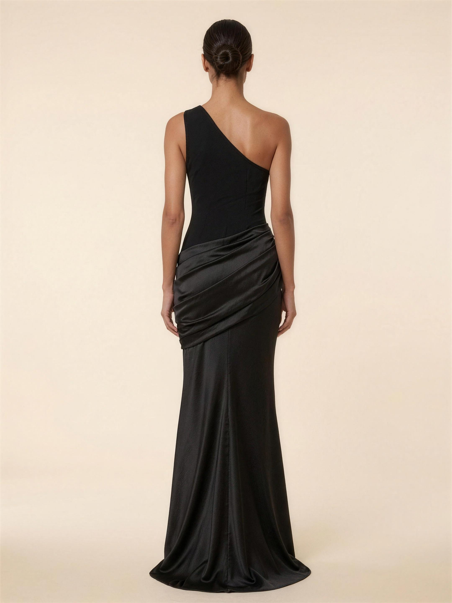 One Shoulder Ruched Satin Formal Maxi Dress - Black