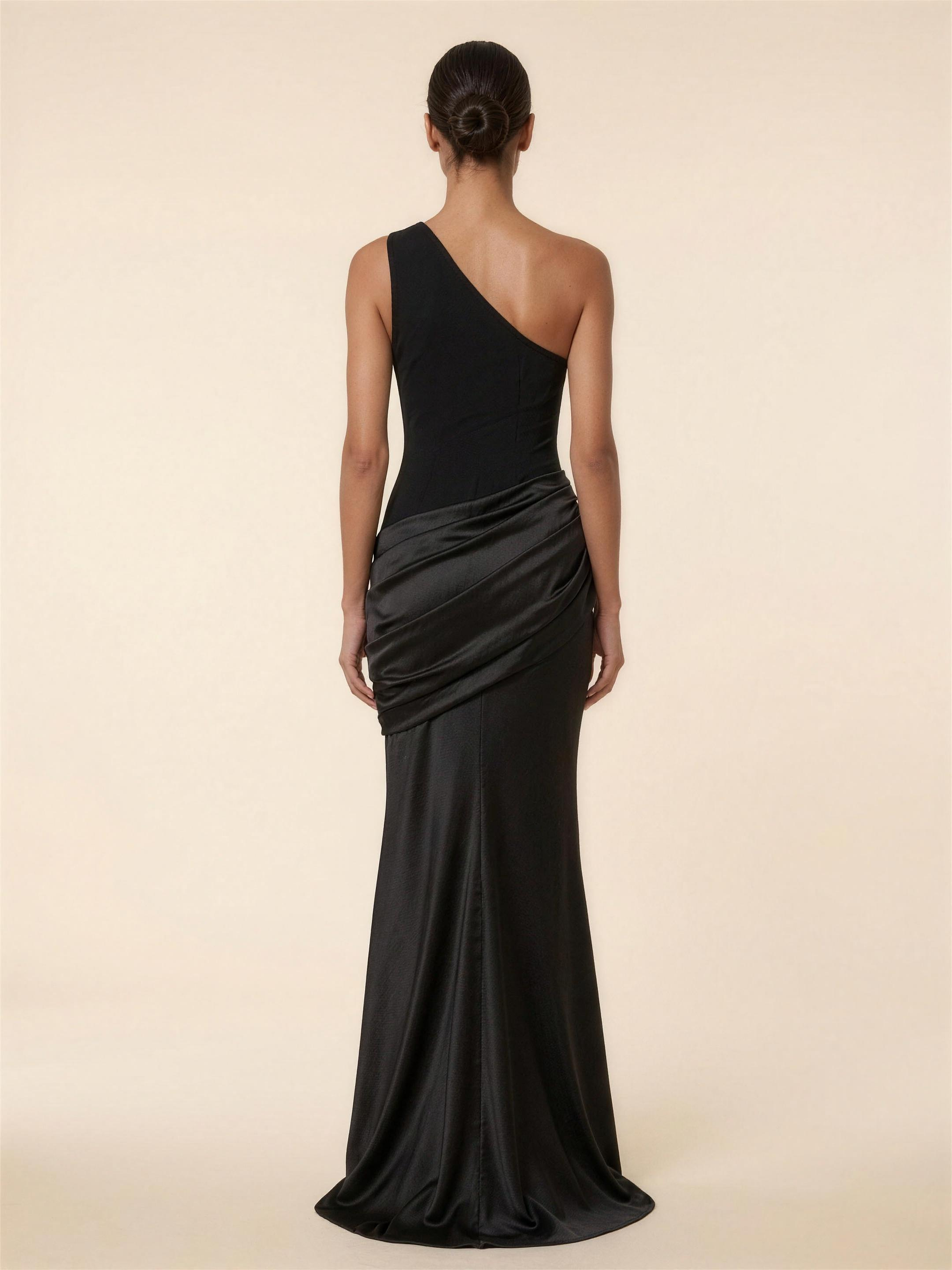 One Shoulder Ruched Satin Formal Maxi Dress - Black