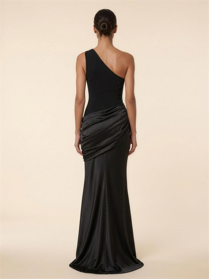 One Shoulder Ruched Satin Formal Maxi Dress - Black