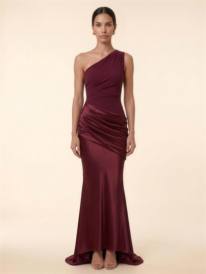 One Shoulder Ruched Satin Formal Maxi Dress - Cherry Lacquer