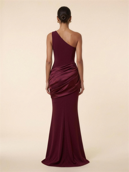 One Shoulder Ruched Satin Formal Maxi Dress