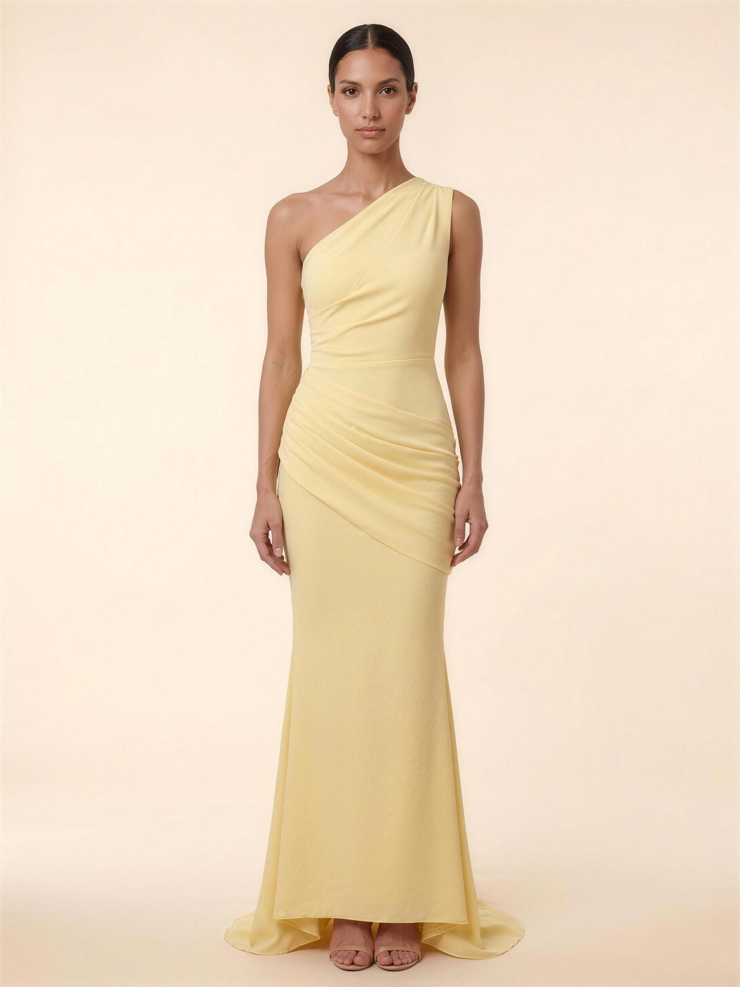 One Shoulder Ruched Satin Formal Maxi Dress - Lemon