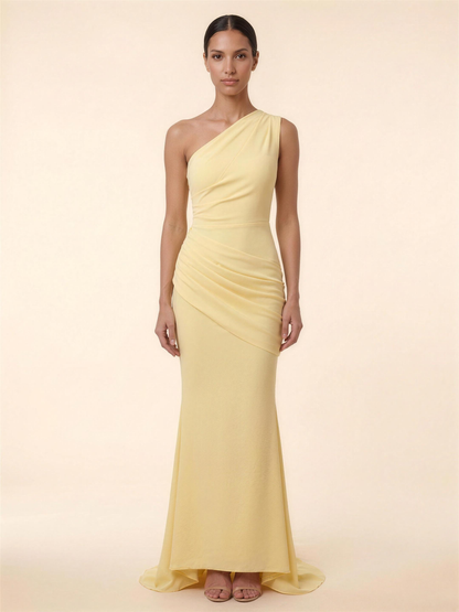One Shoulder Ruched Satin Formal Maxi Dress - Lemon
