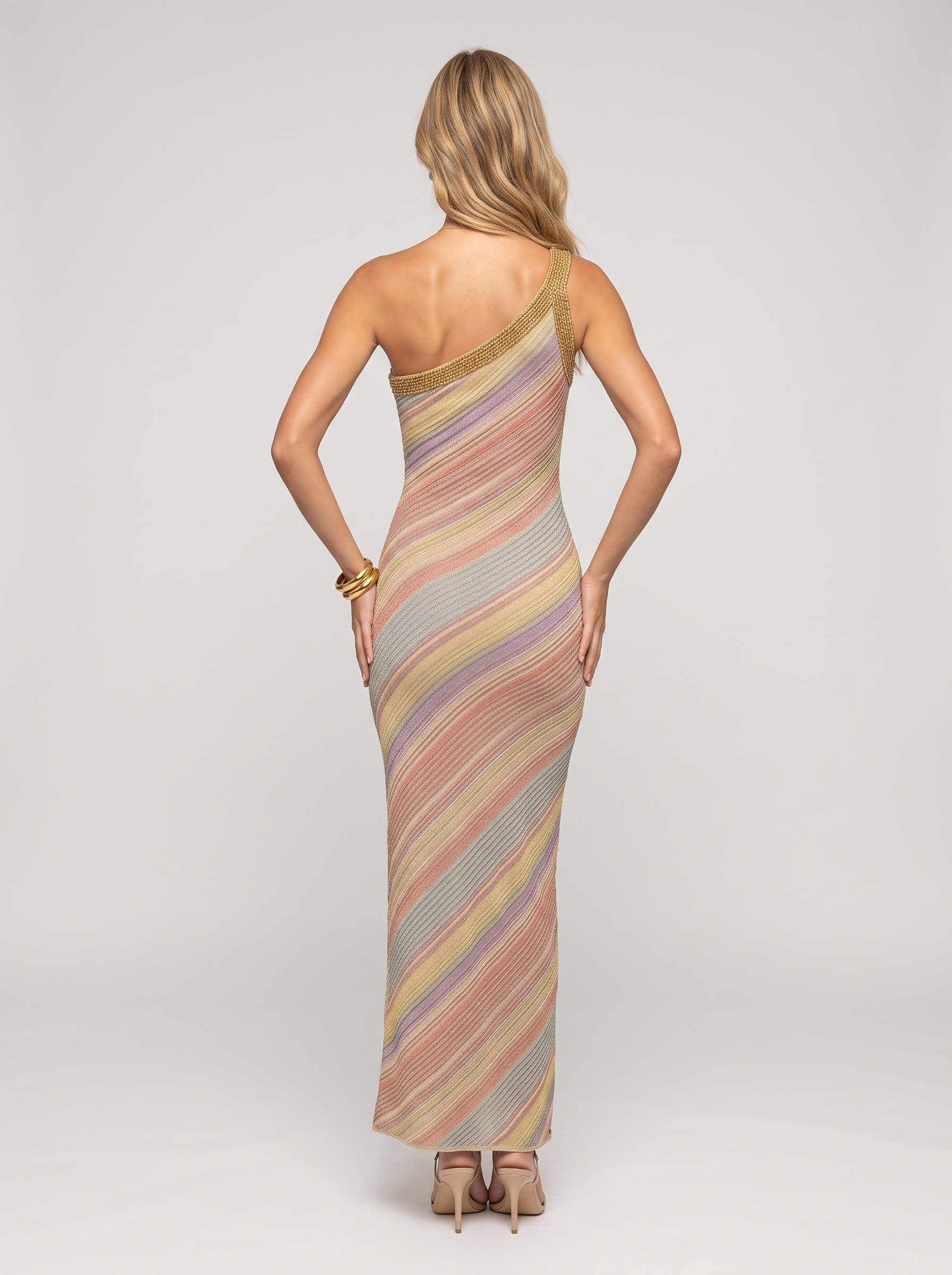Pastel Stripe One Shoulder Knit Maxi Dress