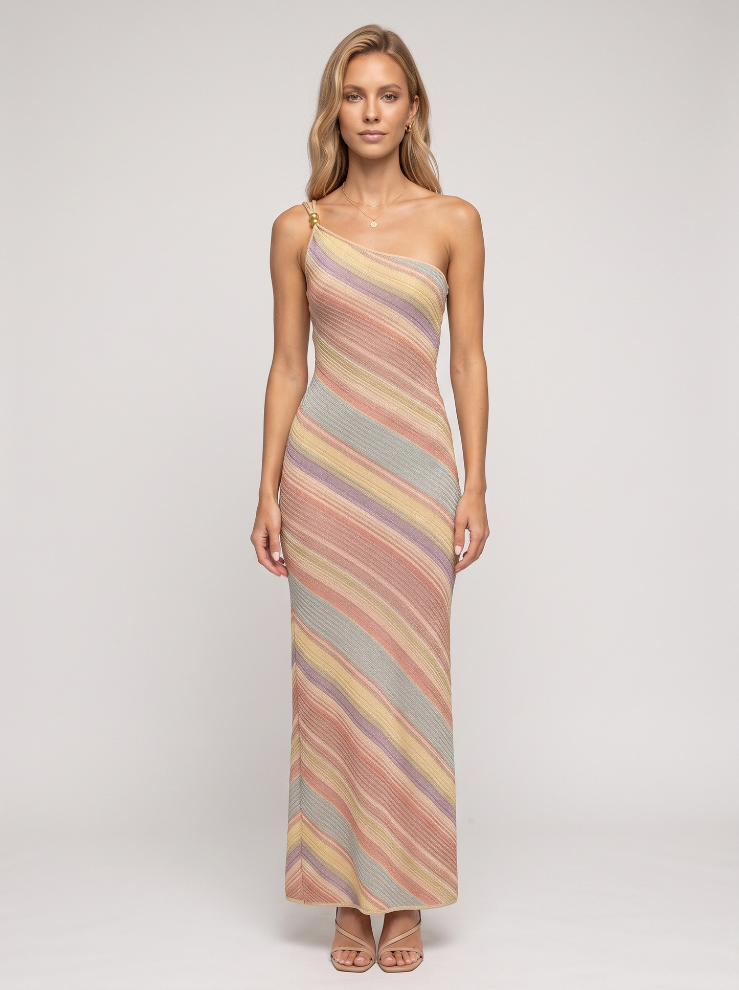 Pastel Stripe One Shoulder Knit Maxi Dress - Pastel Stripe
