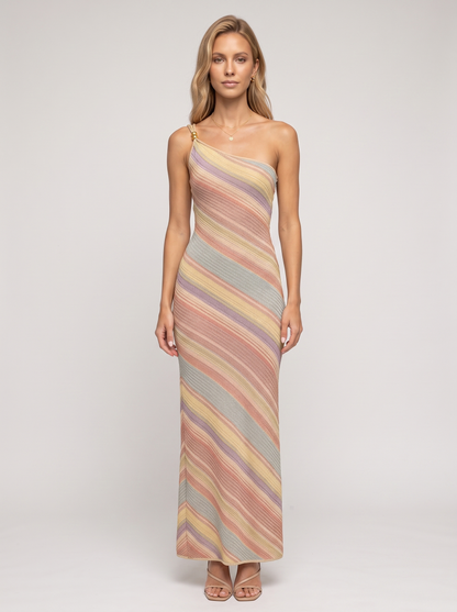 Pastel Stripe One Shoulder Knit Maxi Dress - Pastel Stripe