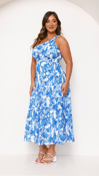 One Shoulder Tiered Graduation Midi Dress - Blue Floral