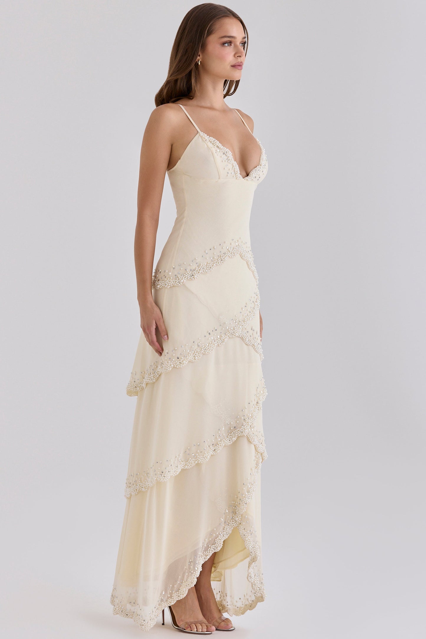Cream Beaded Bias Slip Maxi Dress