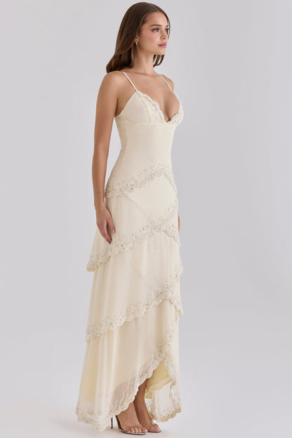 Cream Beaded Bias Slip Maxi Dress