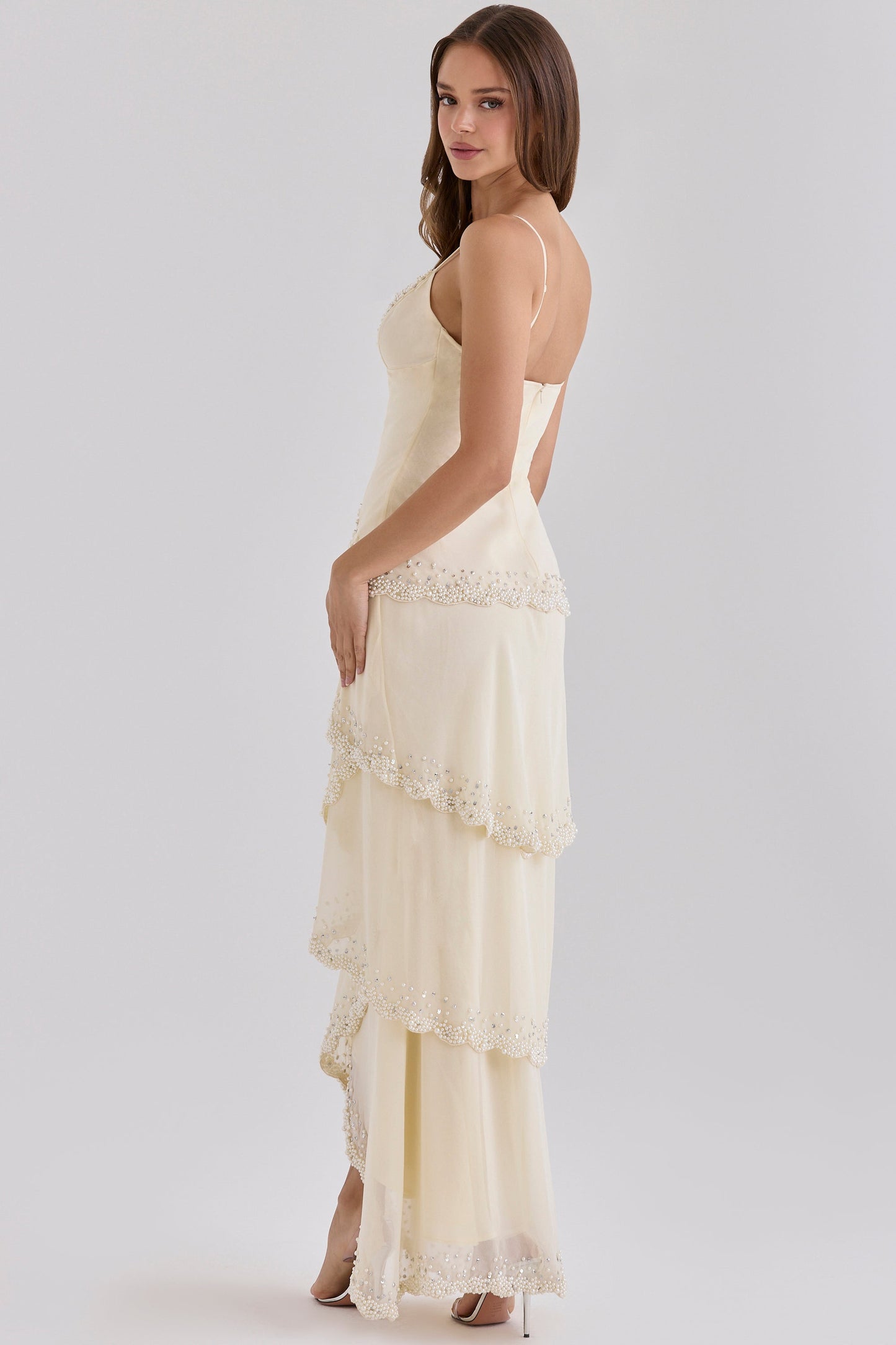 Cream Beaded Bias Slip Maxi Dress