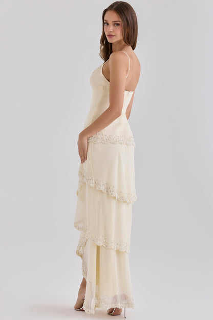 Cream Beaded Bias Slip Maxi Dress