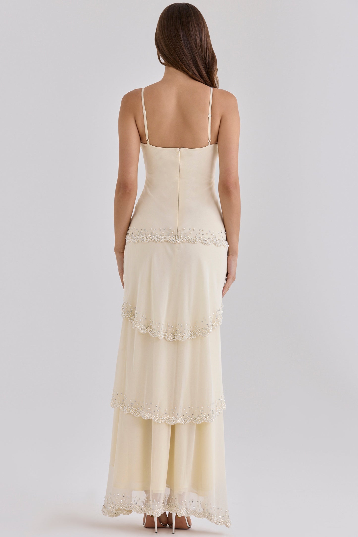 Cream Beaded Bias Slip Maxi Dress - Almond