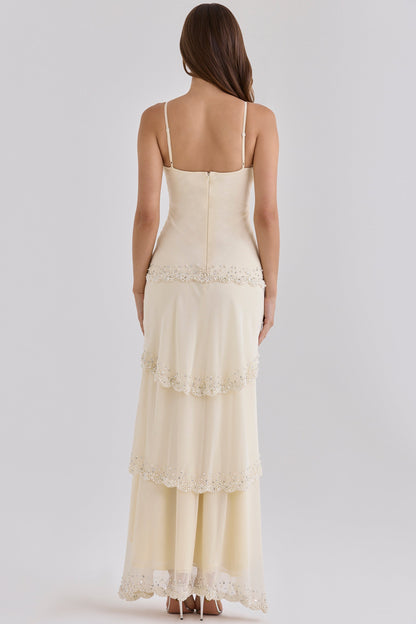 Cream Beaded Bias Slip Maxi Dress - Almond