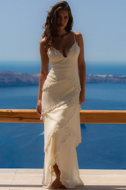 Cream Beaded Bias Slip Maxi Dress