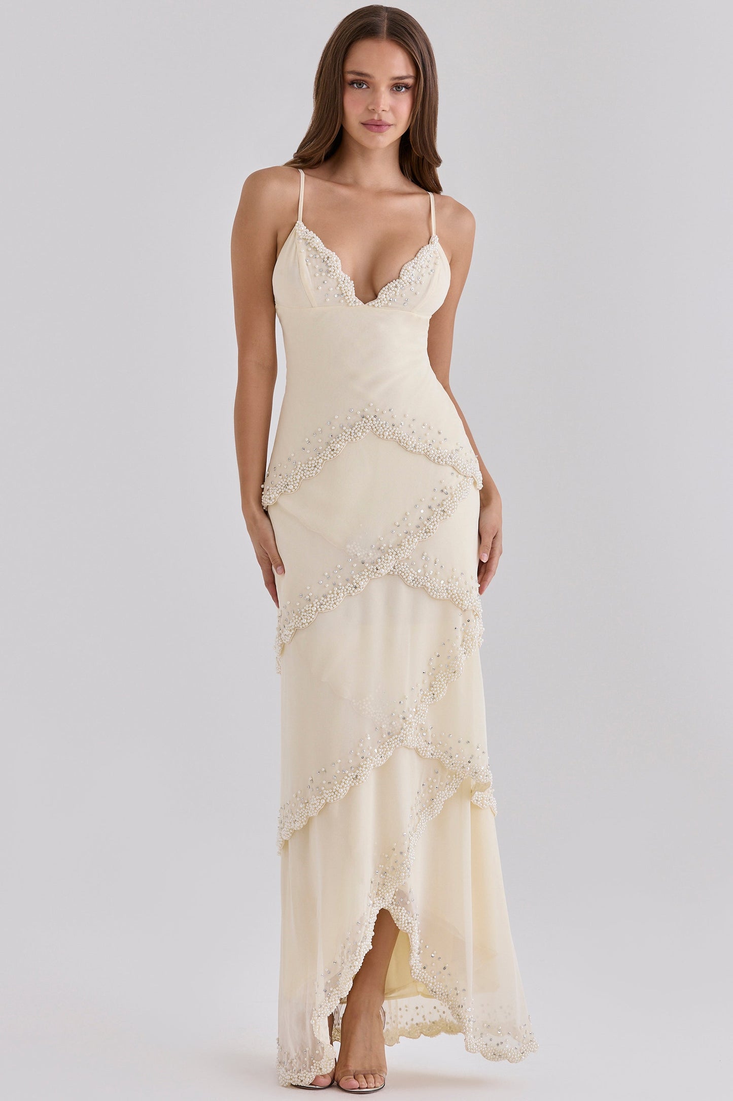 Cream Beaded Bias Slip Maxi Dress