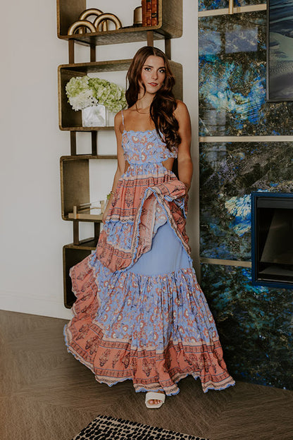 Pink Block Print Tiered Maxi Dress - Sky Blue