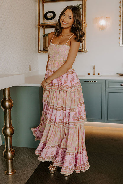 Pink Block Print Tiered Maxi Dress - Primrose Yellow