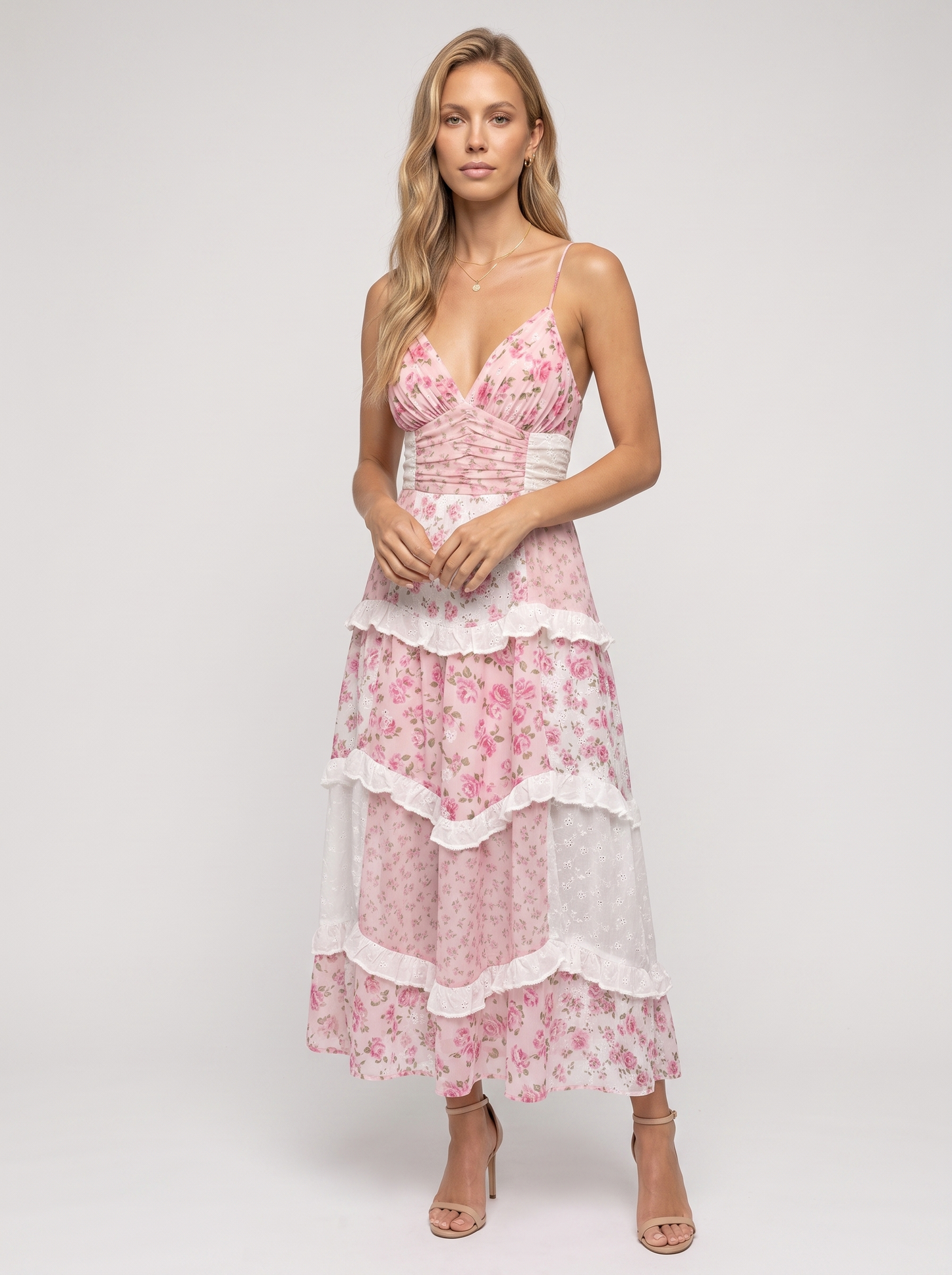 Pink Floral Tiered Ruffle Maxi Dress - Pink