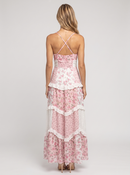 Pink Floral Tiered Ruffle Maxi Dress - Pink