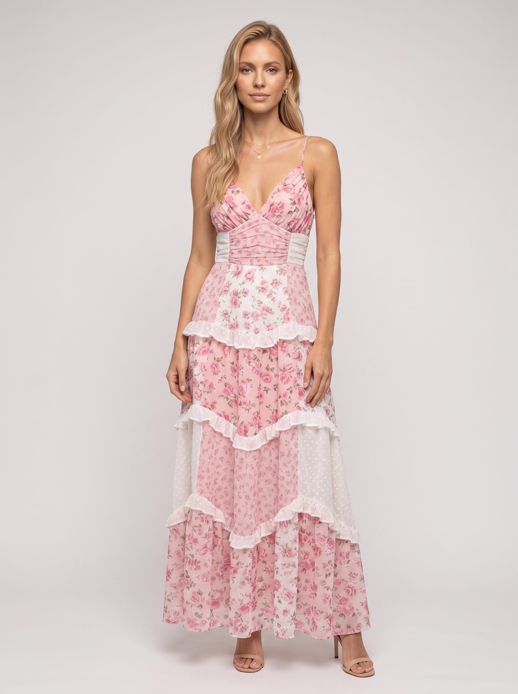 Pink Floral Tiered Ruffle Maxi Dress - Pink