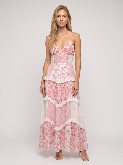 Pink Floral Tiered Ruffle Maxi Dress - Pink