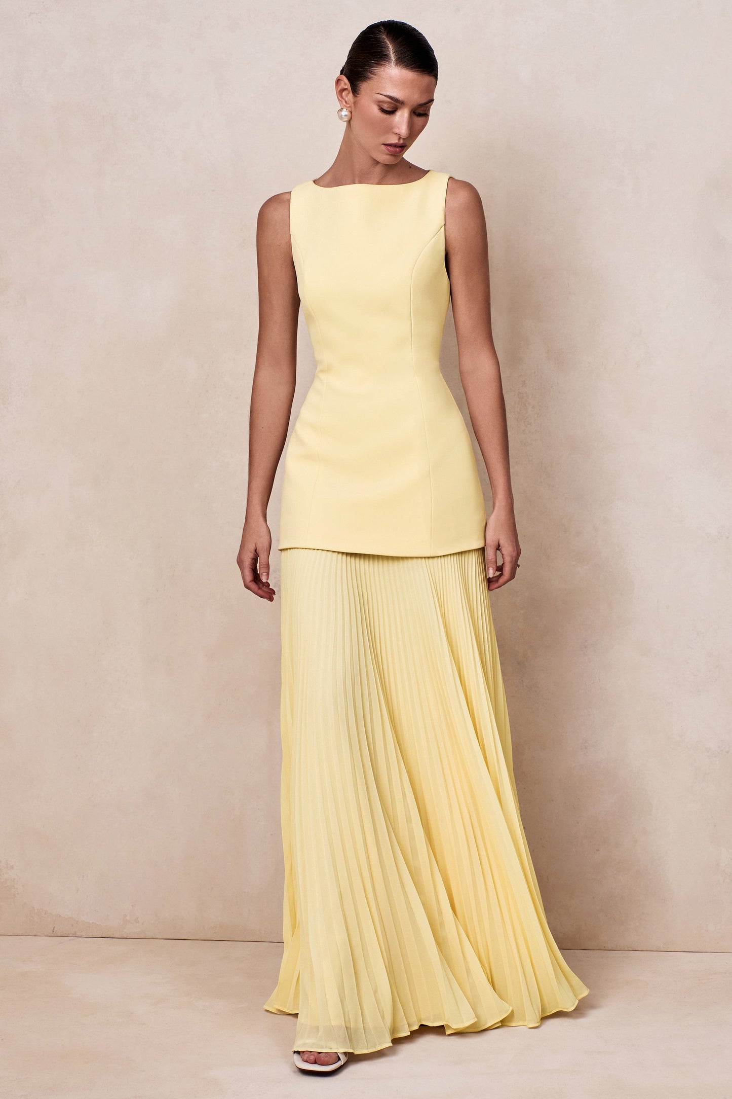 Pleated Crepe Pinafore Maxi Dress