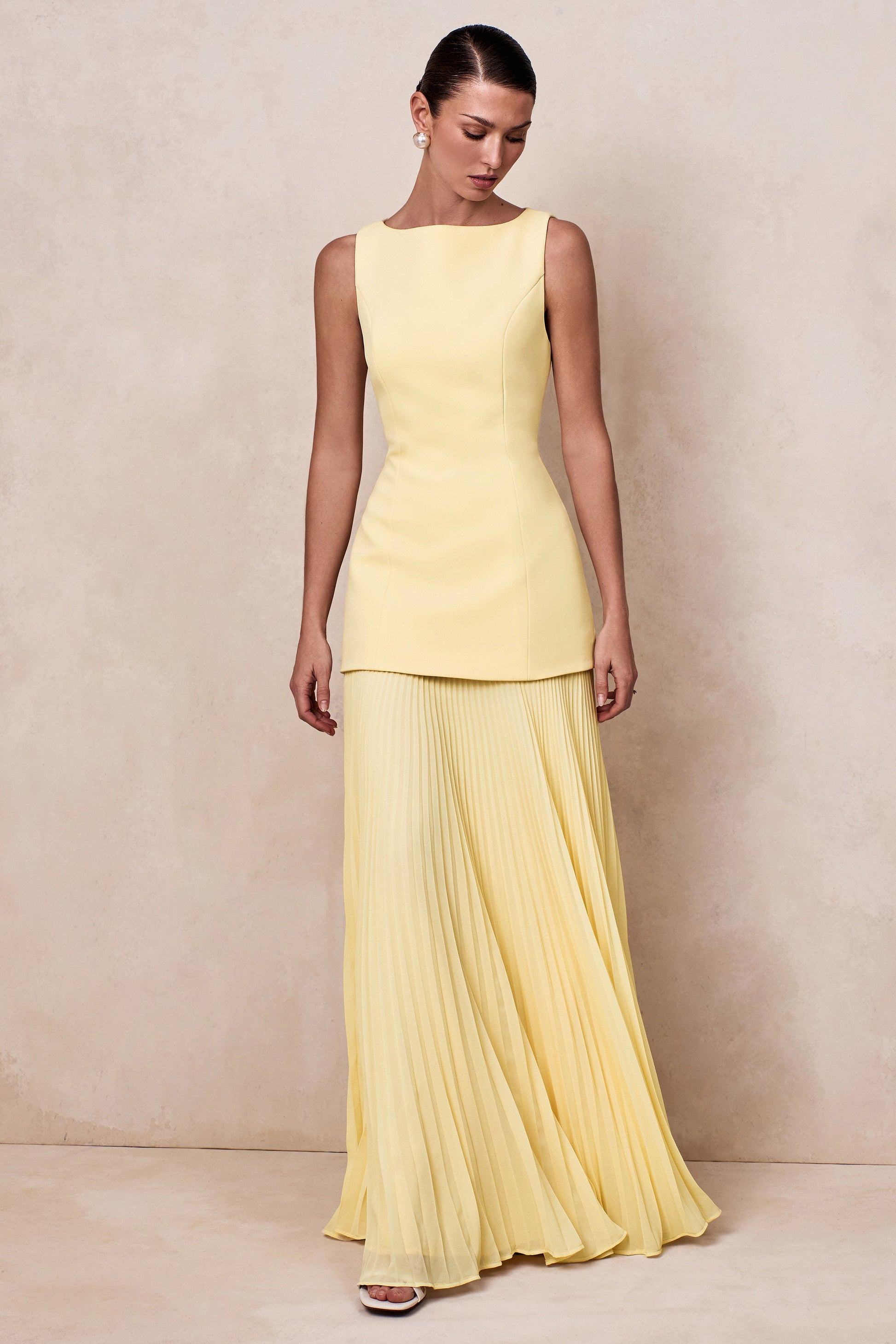 Pleated Crepe Pinafore Maxi Dress