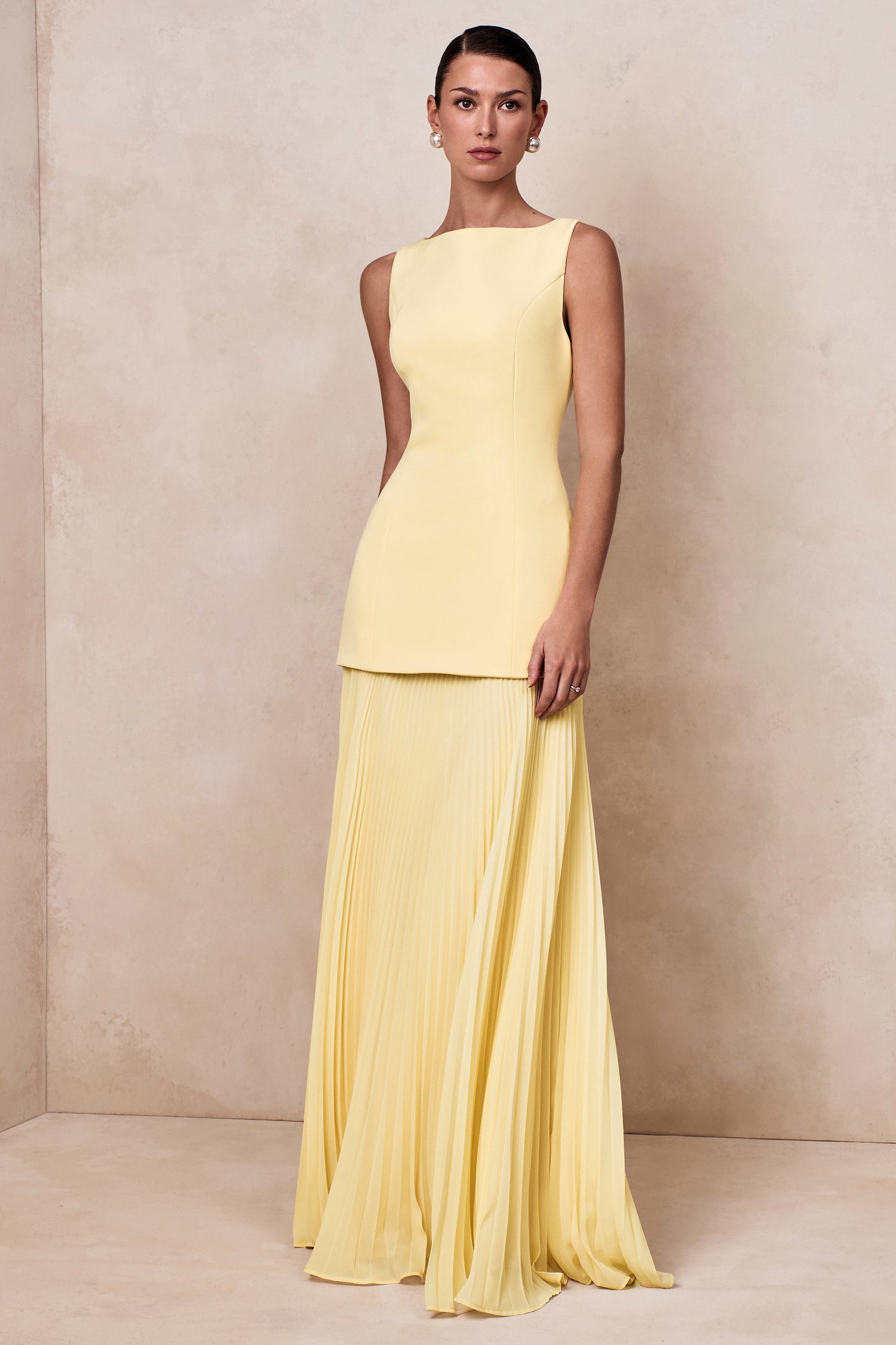 Pleated Crepe Pinafore Maxi Dress