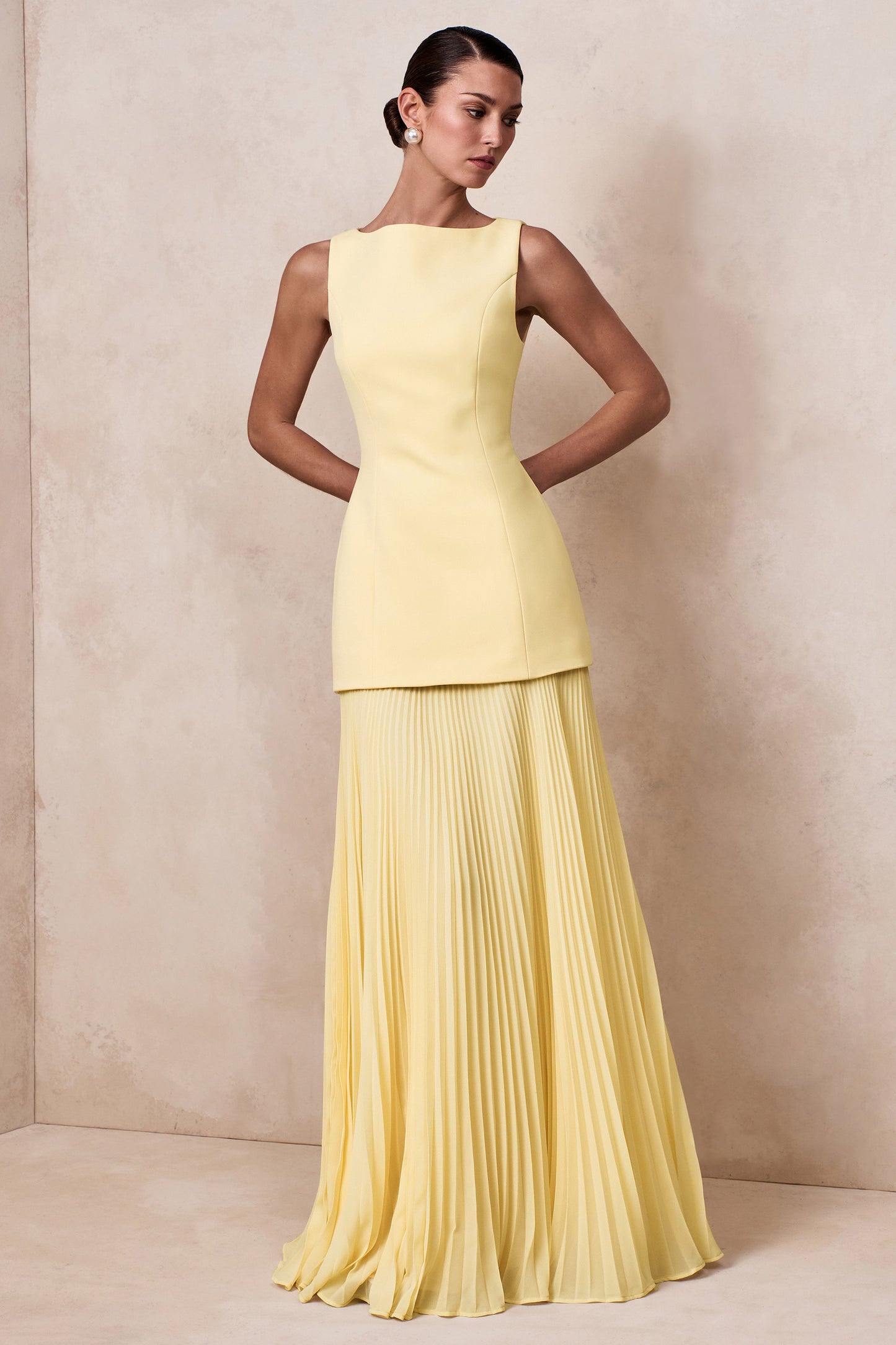 Pleated Crepe Pinafore Maxi Dress - Yellow