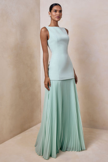 Pleated Crepe Pinafore Maxi Dress - Aqua