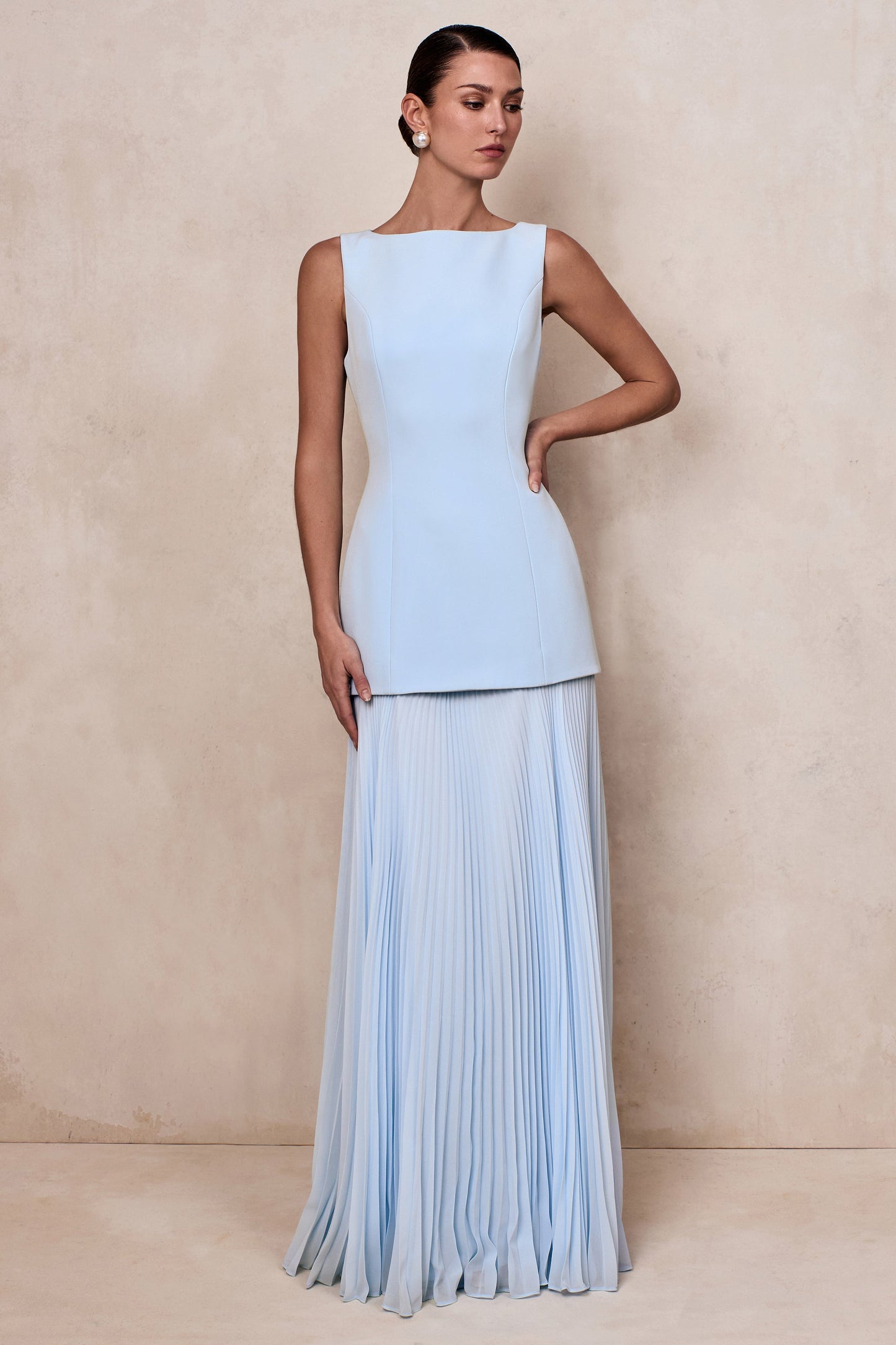 Pleated Crepe Pinafore Maxi Dress