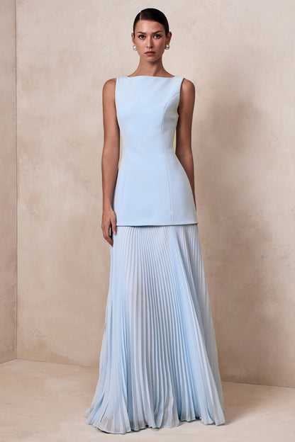 Pleated Crepe Pinafore Maxi Dress